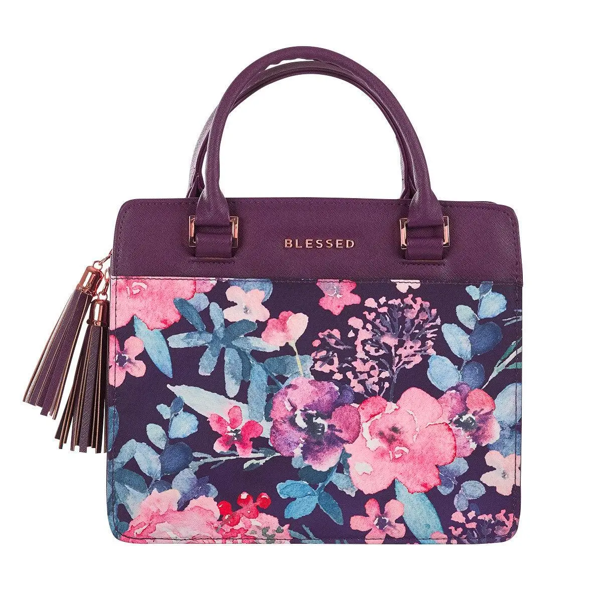 Women's Large Blessed Vibrant Synthetic Leather Purse-Style Bible Cover with Floral Print, Tassels, Metal Studs, Design