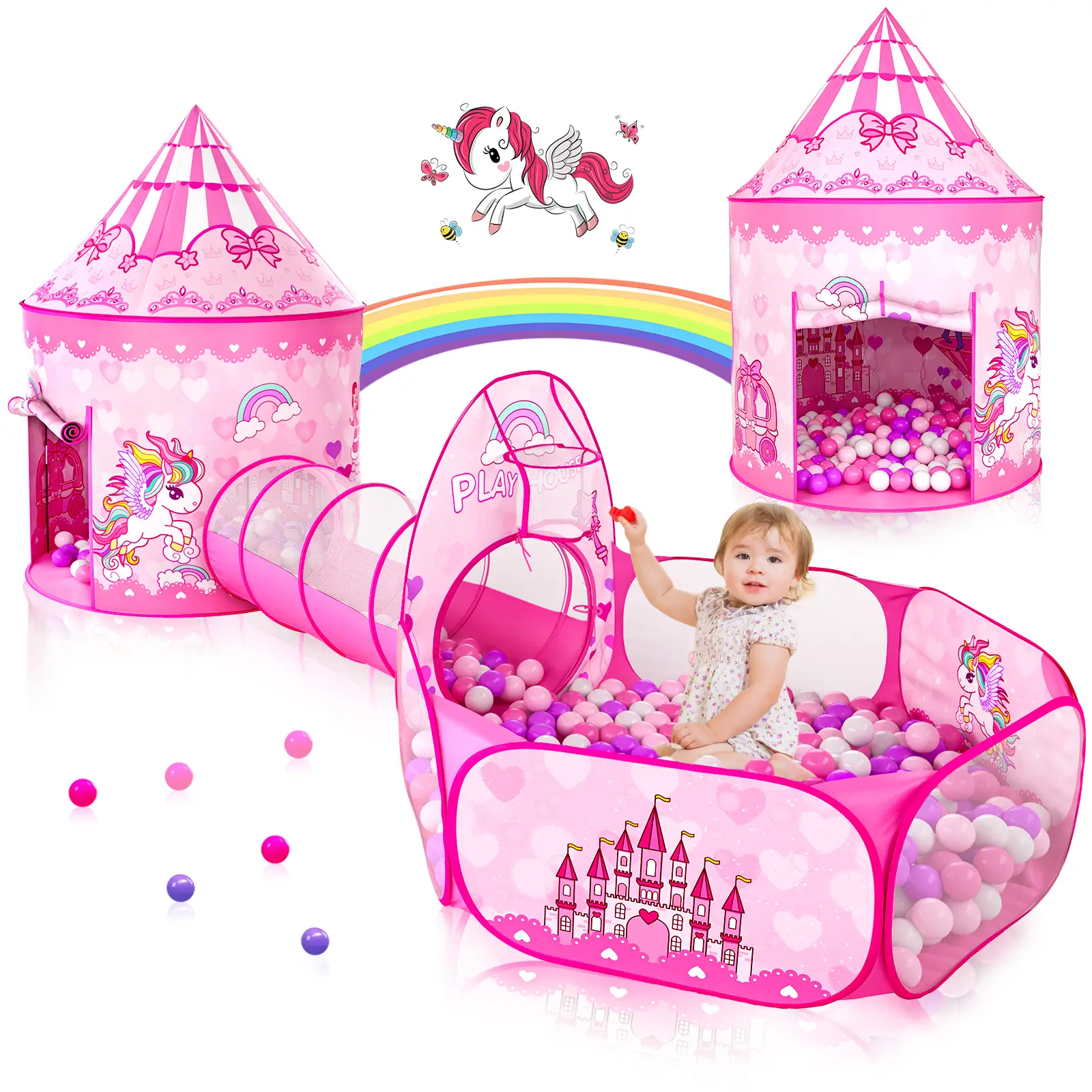 Sumbababy Kids Outdoor Play Princess Playground Set Tunnel Toys Pink Ball Pit, Pop-up Playroom (without balls) Portable Durable High Quality