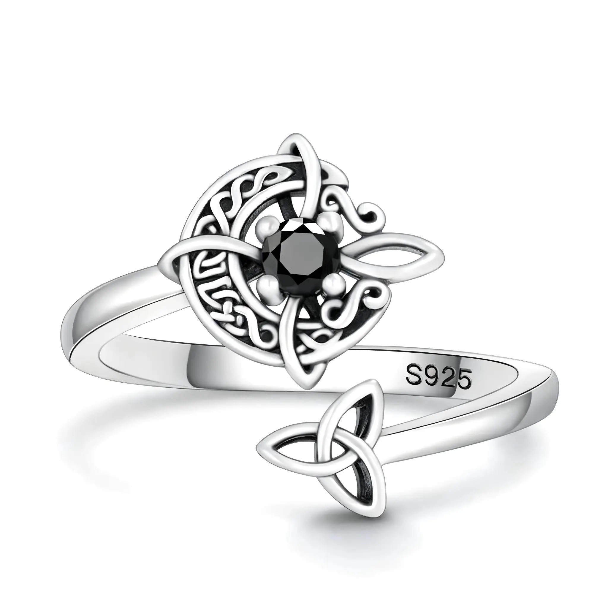 Witch Knot Ring in 925 Sterling Silver for Women, Goth Crescent Moon Design with a Black Diamond Accent, Adjustable and Tarnish Resistant, Accessories For Women, Rings For Women