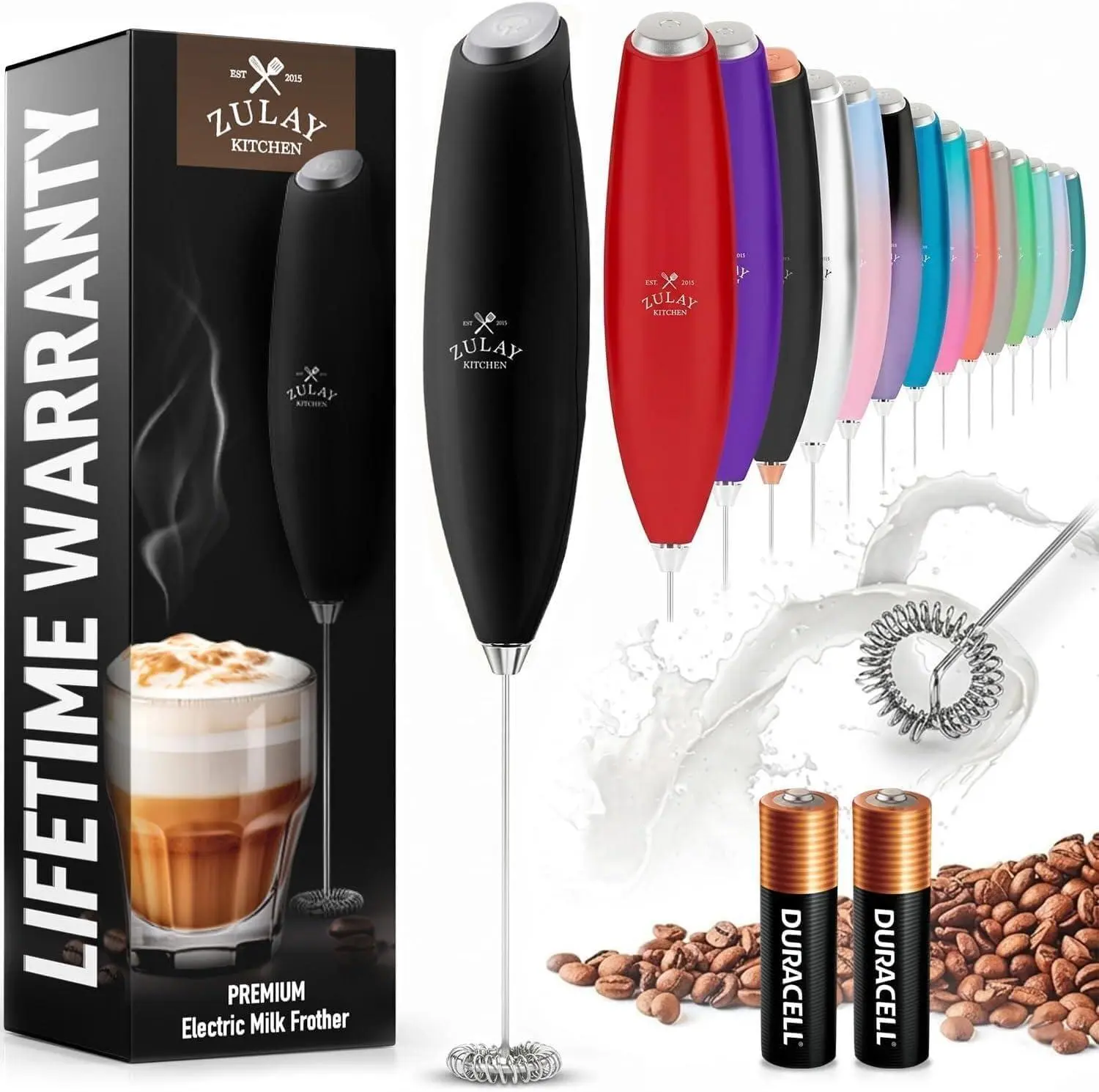 Zulay Kitchen Milk Frother Handheld Electric Whisk – Frother Wand, Durable Drink Mixer, Coffee Frother, Hand Blender, Frother for Protein Powder, Matcha & More - Black
