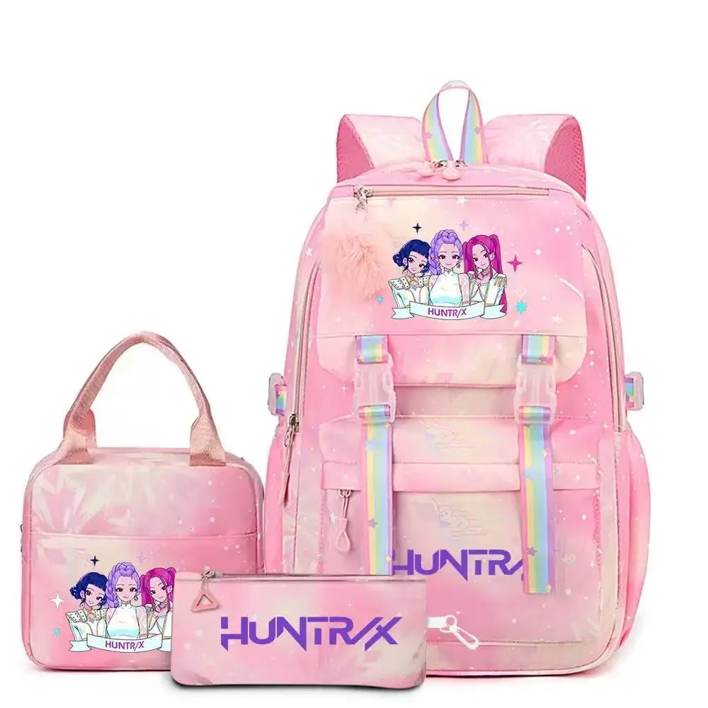 NEW KPOP   3 Piece Girls Backpack Set, Pink Star Cartoon Print School Bag With Lunch Box & Pencil Case
