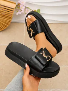 Women's Thick Sole Sandals, Summer Indoor Outdoor Fashion, PU Leather, Rubber Sole, Plain Pattern, Trendy Slippers, Beach Shoes