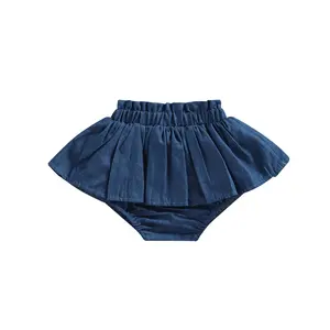 Baby Girl Denim Skirt Cute Ruffle Pleated Elastic Waist Bottoms Jean Skorts Infant Toddler Mini Bubble Bloomers