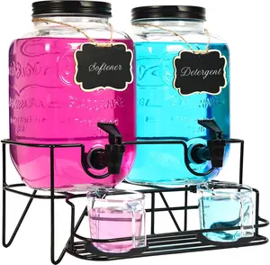 2 Sets 1 Gallon Laundry Detergent Dispenser with Stand, Measuring Cup, Glass Laundry Detergent Containr for Laundry Room Organization