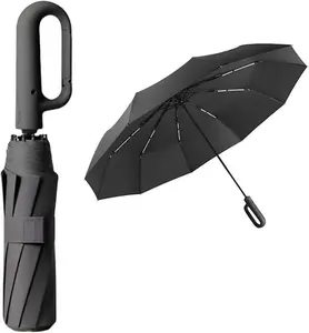 Golf Travel Folding Umbrella - 10 Ribs, Automatic Open/Close, Lightweight Compact Portable UV Umbrella with Carabiner Handle, UPF 50 99% UV Protection, for Backpack Car Outdoor Sun Rain Use