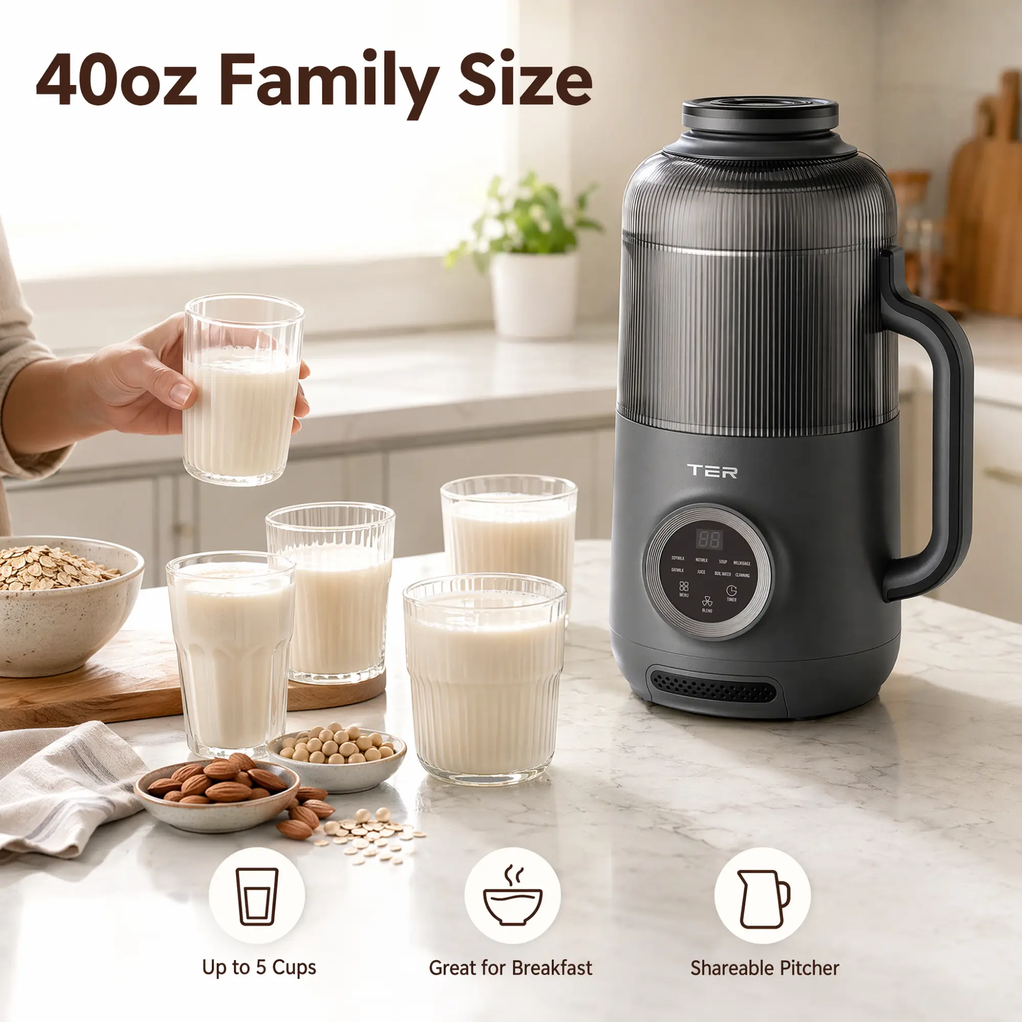 TER SE10 40oz (1.2L) Nut Milk Maker - 10-in-1 Multifunctional Jug Blender, Corded Automatic Soy Milk Machine with Mesh, Measuring Cup, 12H Delay Start, Keep Warm, Self-Cleaner, Stainless Steel Blades, US Plug, Black
