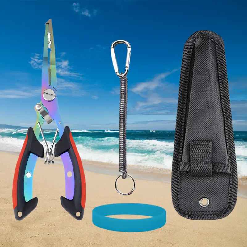 Rainbow Fishing Pliers with Braid Line Cutter, Anti-Slip Dual-Color Handle Hook Remover & Split Ring Tool, 4-Piece Set with Coiled Lanyard, Sheath Pouch, and Glow Wristband, Fishing Gear Accessories