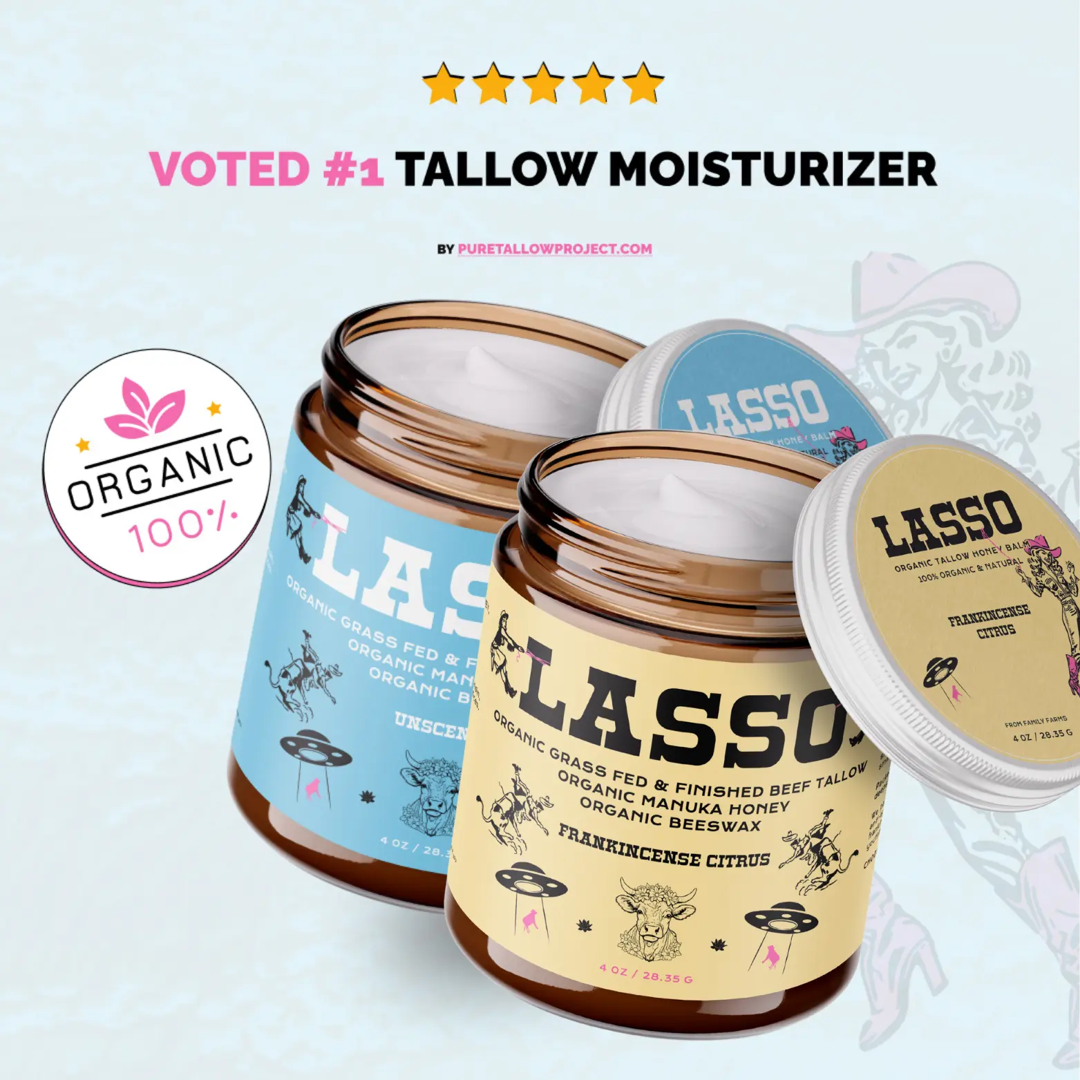 LASSO (2 Pack) Organic Beef Tallow, Manuka Honey & Beeswax Balm 4oz Natural Face & Body Moisturizer Skin Care – Frankincense Citrus, Lavender, Unscented