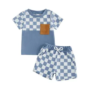 Afunbaby Baby Boys Summer Waffle Outfits Checkerboard Print Patchwork Short Sleeves T-Shirt and Shorts Set for 2 Piece Clothes