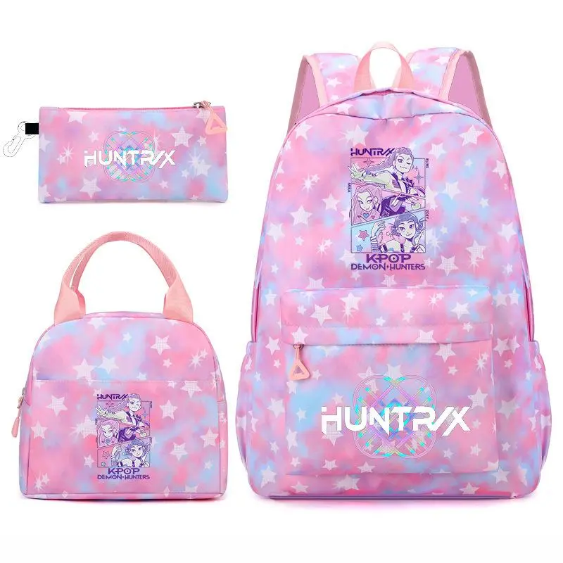 3Pcs Cartoon Anime Girl KPOP Print Backpack Set for Women Teen Girls, Pink Blue Tie Dye Star Large Capacity School Backpack with Insulated Lunch Bag and Pencil Pouch, Lightweight Water Resistant Multi-Pocket Casual Daypack for School Travel Daily