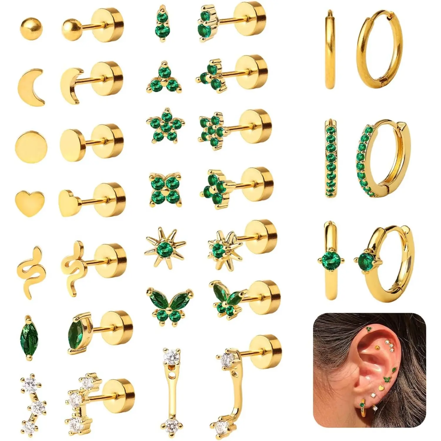 KRFY 17 Pairs 18K Gold Plated Surgical Steel Earring Set - Hypoallergenic Flat Back Studs & Small Hoops for Multiple Piercings - Nap-Safe & Tarnish-Free Jewelry for Sensitive Ears DealsForYouDays, Earrings For Sensitive Ears, Gold Earrings Non Tarnish