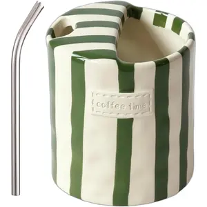 Ceramic Coffee Mugs, 10oz Retro Striped Coffee Mug No Handle, Porcelain Coffee Cups Hand-Painted Striped Art with Straw, Espresso Cup  for Coffee Lovers for Kitchen Dining office Travel.(Green)