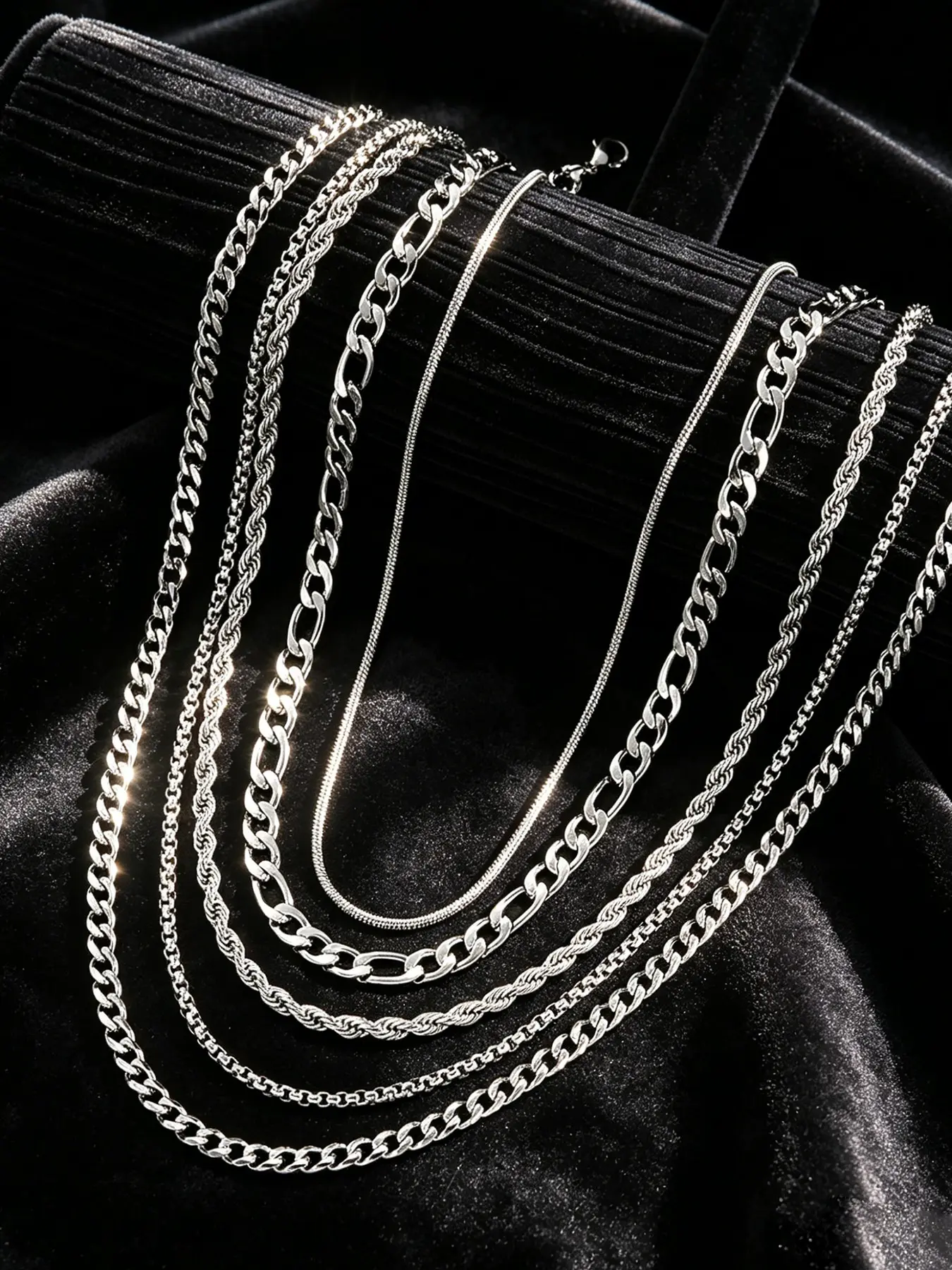 5-Piece Men's Stainless Steel Necklace Set, Cuban Link Design Chains, Hip-Hop Fashion Casual Layered Pendant Necklaces, Perfect Gift for Father's Day & Christmas