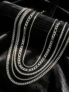 5-Piece Men's Stainless Steel Necklace Set, Cuban Link Design Chains, Hip-Hop Fashion Casual Layered Pendant Necklaces, Perfect Gift for Father's Day & Christmas