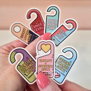 7 Door Hangers Book Tropes Reading Book Lover - Waterproof Glitter or Glossy Stickers 2.75" Size Customizable for Kindle Book or Tablet Durable Stylish Design