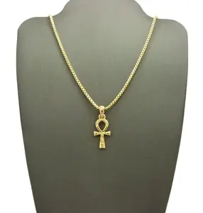 MaxBling81 Gold-Plated Egyptian Ankh Cross Mini Pendant with 2mm Brass Box Chain - Gold-Plated Cross Necklaces, Ankh Necklaces, Men's Jewelry, Jewelry for Women (18in,20in,24in) Unisex Daily Costume Accessory