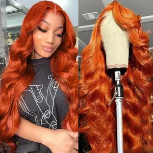 Ginger Orange 30 Inch Lace Front Wigs Human Hair Body Wave Wavy 13x6 HD Lace Front Glueless Ginger Wig Human Hair 180% Density Transparent HD Lace Fro
