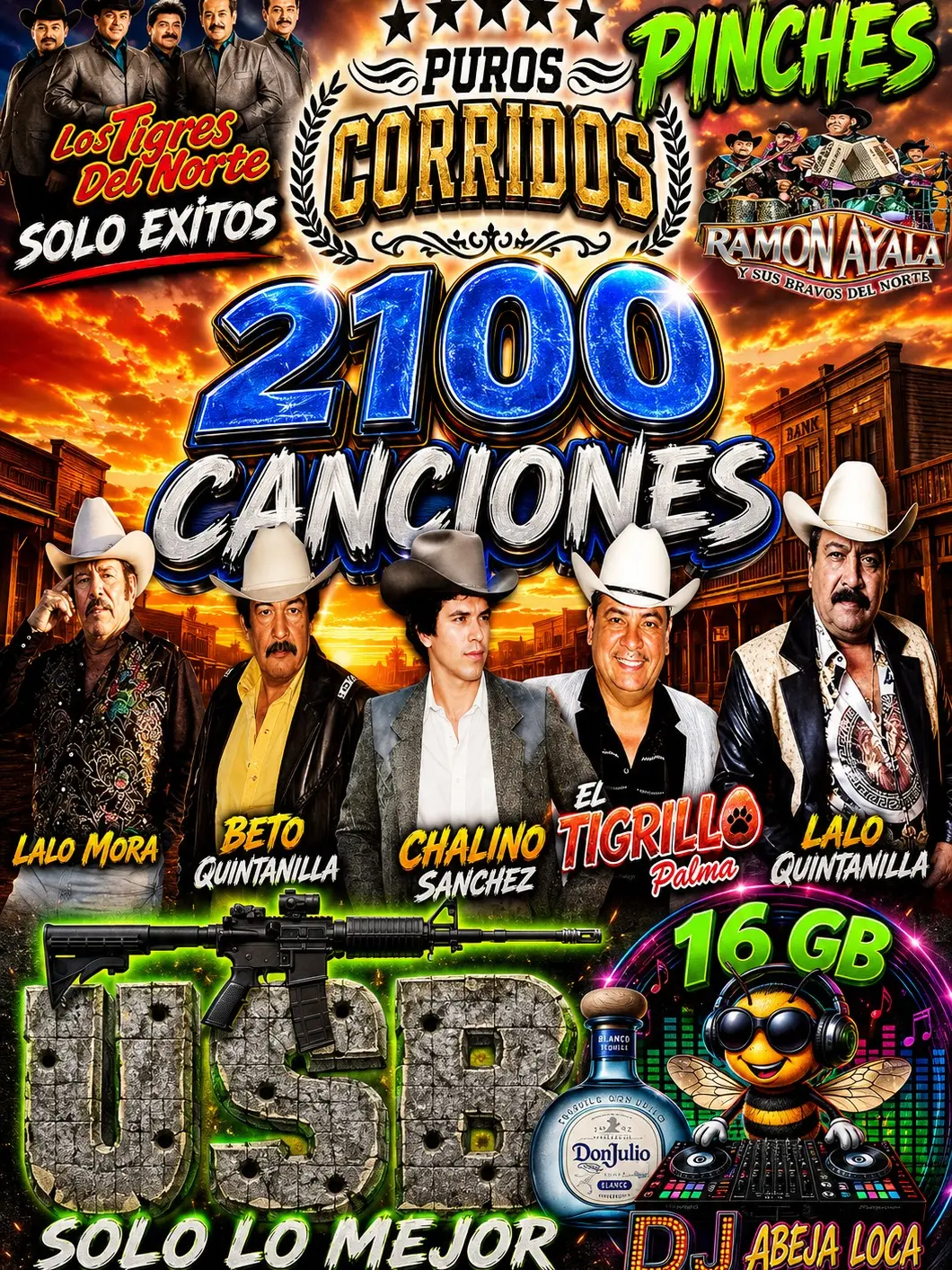 16GB  PUROS PINCHES CORRIDOS Music USB Drive with 2100 Songs, Portable Data Storage for Computers & Office Use
