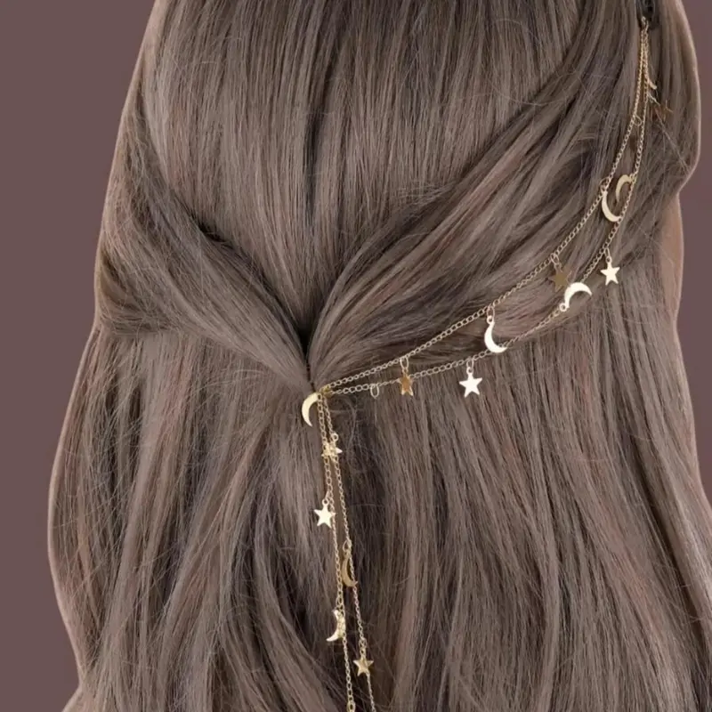 Chain & Star & Moon Decor Hair Clip, Boho Style Bohemian Themes Hair Accessories for Women & Girls, Minimalist Headwear Suitable for Thick Hair, Hair Bun Accessories, Hair Clips For Styling, Decorative Hair Clips