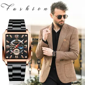 OIDEA Men's Trendy Vintage Business Fashion Watch - Stainless Steel Tank Wristwatch, Waterproof Analog Quartz, Hollow-Out Arabic Numerals Dial, Luminescent Hands, Date Display, Business Fashion Watches, Trendy Watch