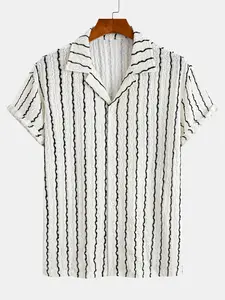 Men's Spring Summer Casual Vacation Cuban Collar Short Sleeve Fitted Shirt, Knitted Jacquard Striped Leisure Top, Comfortable Breathable Fabric, Aesthetic