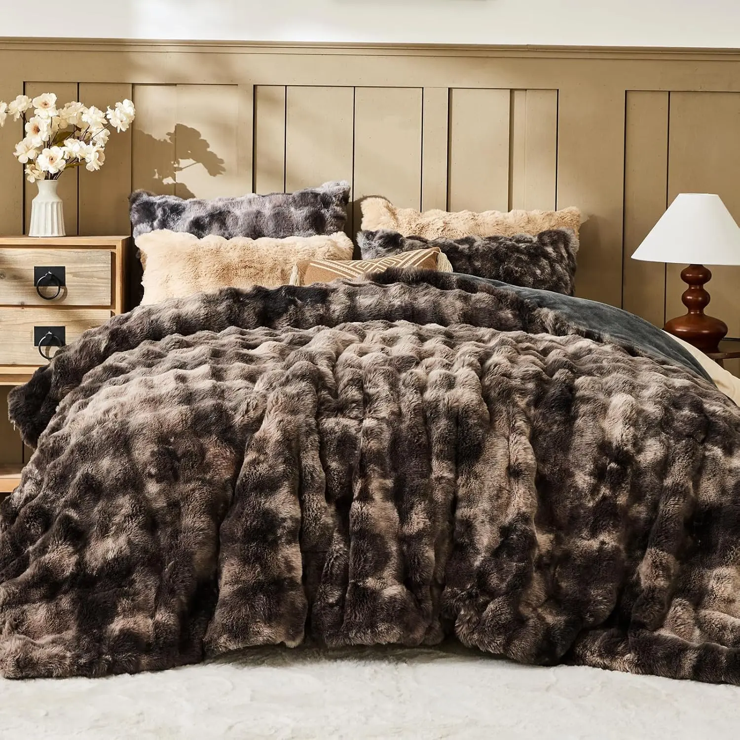 Faux   Comforter Set - Tie-Dye Dark Gray Fluffy Comforter  Size, Big Bubble Faux   Bedding Comforter Sets, Cozy Fuzzy Bed Set 3 count, 1 Comforter and 2 Pillowcases