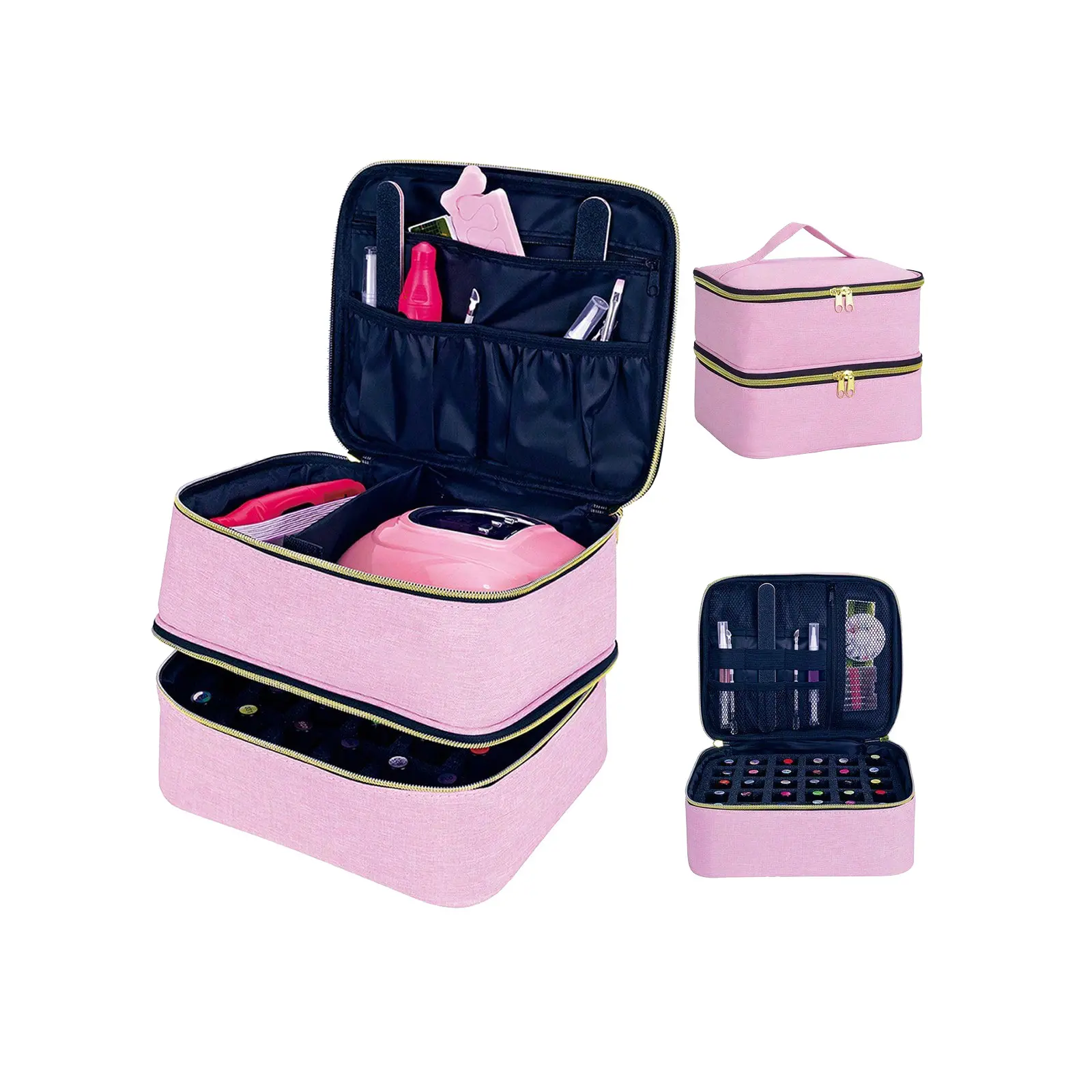 Pink Handheld Double-Layer Nail Polish Organizer Case, Portable Nail Storage Bag with Adjustable Dividers, Holds Up to 30 Nail Polish Bottles, Manicure Cosmetic Travel Bag