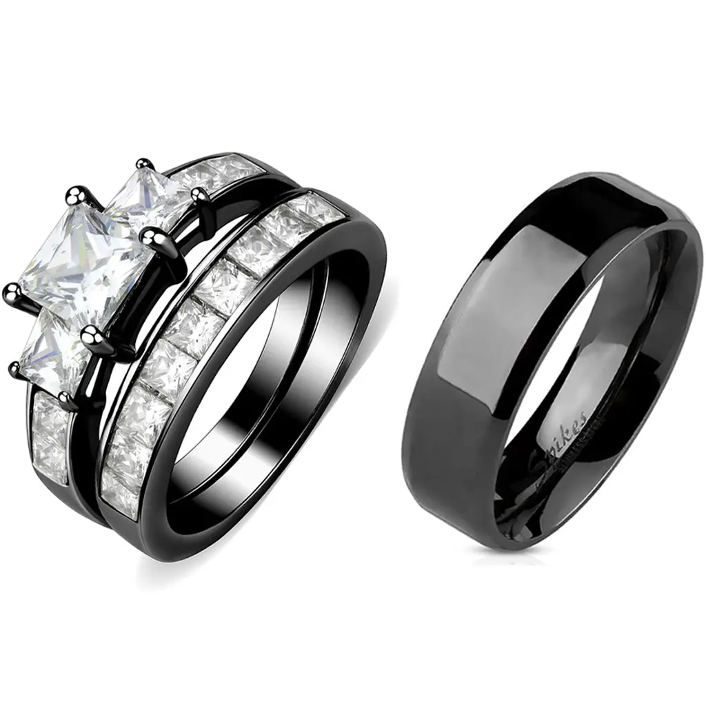 Lanyjewelry Unisex Stainless Steel Wedding Ring Set - Women’s 3-Stone Princess Cut CZ Engagement Ring, Men’s Flat Stacking Cubic Zirconia Multi-Stone Band, Stacking Rings, Cubic Zirconia Rings
