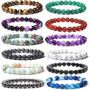 8mm Beaded Bracelets for Men Women Stone Bead Healing Stretch Round Bead Bracelets Unisex 9-Piece Set Diy Jewelry Accessories Trendy Stack Bangle