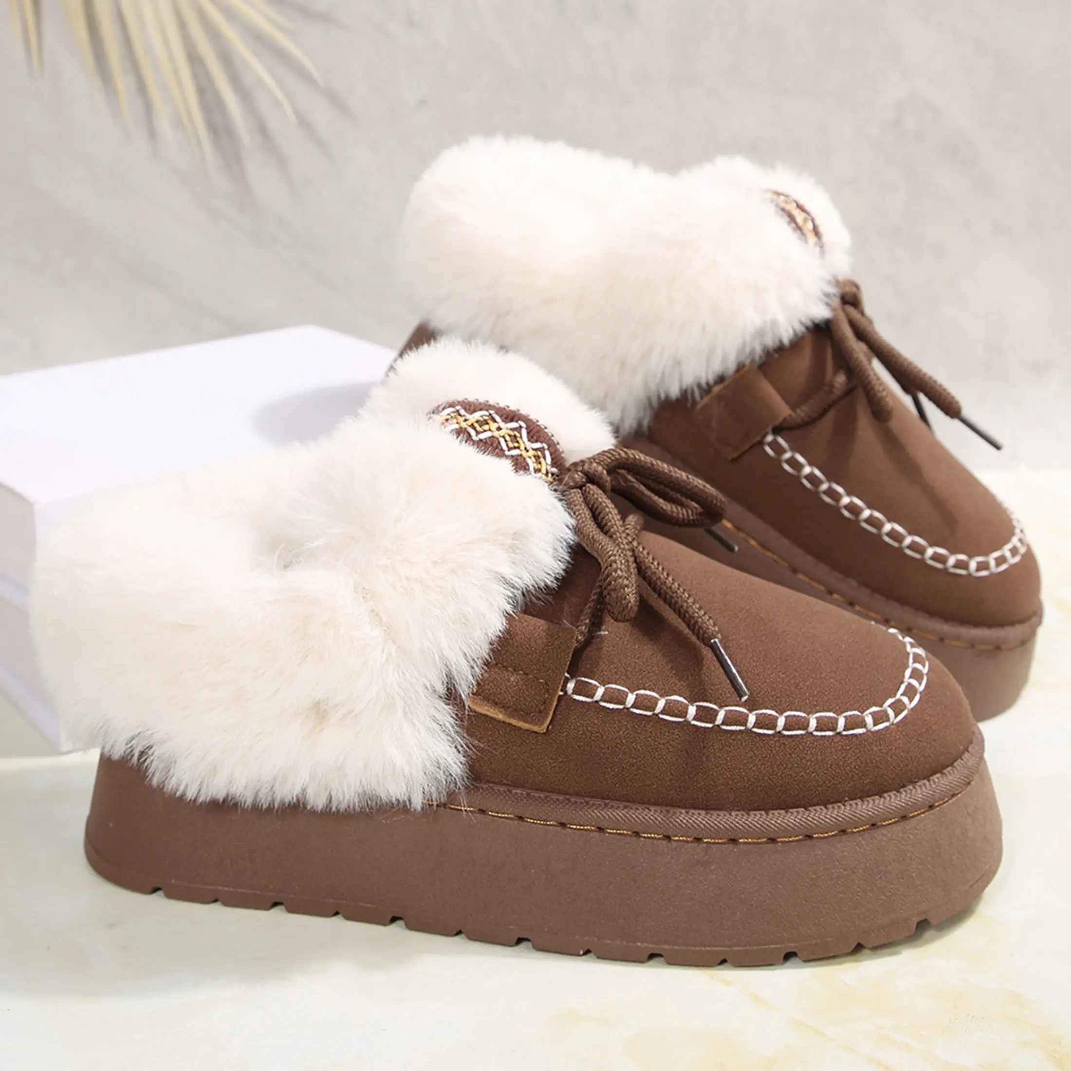Women Cozy Platform Slippers Winter Soft Sole Solid Color Warm Ankle Boot Indoor Outdoor Shoes Lace-up Plush Loafers Winter Warm Mini Snow Boots