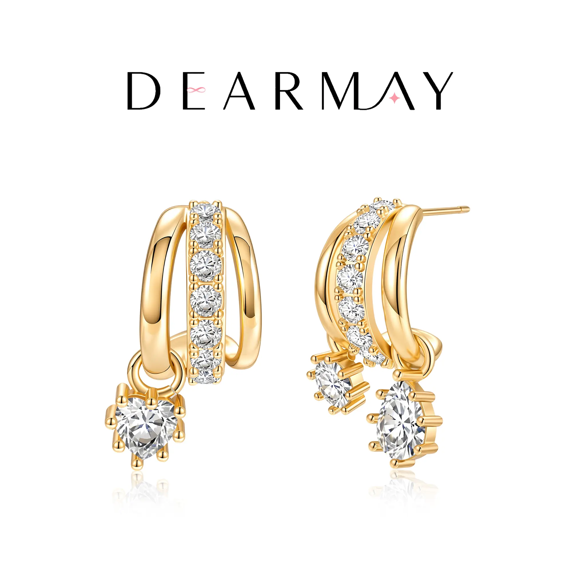 Dearmay Gold Earrings for Women Asymmetrical Earrings 14K Gold Plated Asymmetrical Earrings with Zircon Pendant Three-tier Earrings Jewelry Gifts for Girls