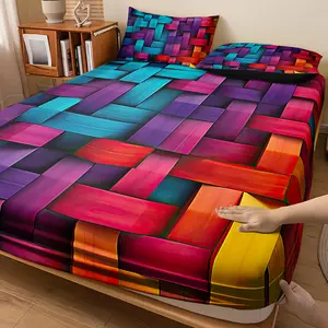 3PCS Colorful Geometric Checkerboard fitted  Sheet Set (1 fitted  Sheet + 2 Pillowcases without Pillow  Cores) Plaid Design, Modern Bedding, Stylish Bedroom, Home Dormitory All-Season Use Organic Cotton Grounding Sheets Luxury Bamboo Cooling tiktokshopspr