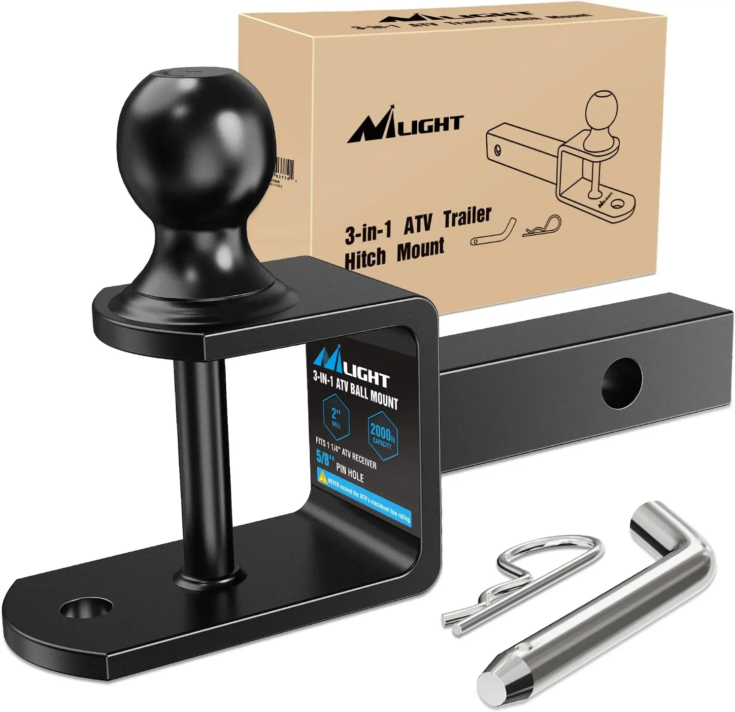 Nilight 3-in-1 ATV/UTV Trailer Hitch - Drop Forged Steel, 2-in Ball Hitch (2000 LBS Rating), 1-1/4-in Receiver Fit, 5000 LBS Winch Strap Loop, Towing Accessory for Towing Dirt Bikes, Hauling Motorcycles, Trailers