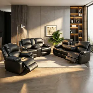 Contemporary Black Semi-PU and PVC Compact Sofa Sets, High-Quality Mixed Synthetic Material, All-Match Design, Space-Saving Layout, Practical Living Room Full-Set Furniture