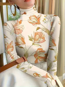 Women's Plus Size Turtleneck T-Shirt, High-End Premium Design, Digital Print Pattern, Perfect for Casual & Stylish