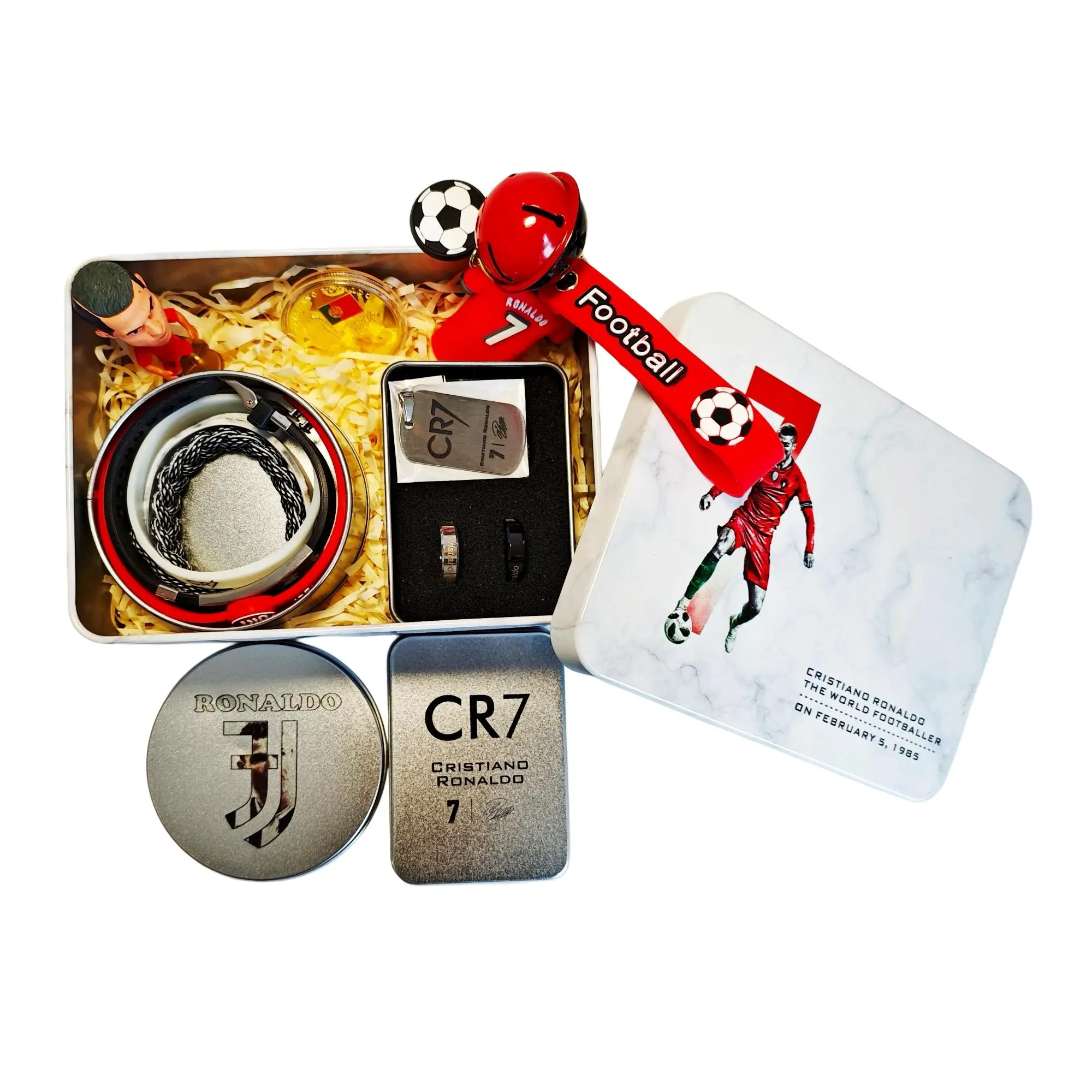 CR7 Theme 12-Piece Luxury Football Fan Gift Box Bundle | Premier League Collectibles Set with Mini Figure, Metallic Tin, Souvenirs for Men