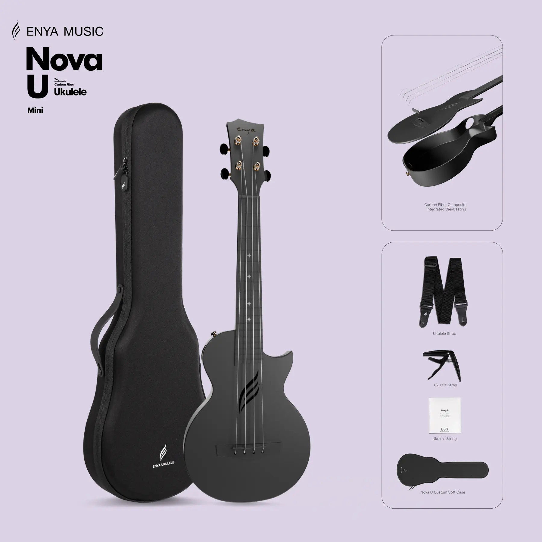 【Enya Nova U Mini Soprano Ukulele】21-inch Carbon Fiber Waterproof Ultra-Portable Travel Ukulele (23*7*3 in) with Case, Strap, Capo & Strings - Beginner All-Weather Performance Kit, Christmas Gift, 21 Inches, Travel Guitar