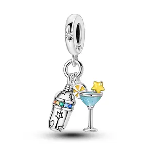 MULA S925 Sterling Silver cocktail charm with colorful CZ and enamel decoration, martini glass and shaker, can be matched with Pandora bracelets and necklaces, a great gift for women and girls