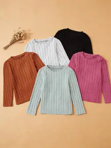 5Pcs Girls Basic Ribbed T-Shirt Long Sleeve Basic Top Crewneck Knit Pullover Stretchy Layering for Everyday Wear Casual Tee Tops All Seasons Fashion Knitwear