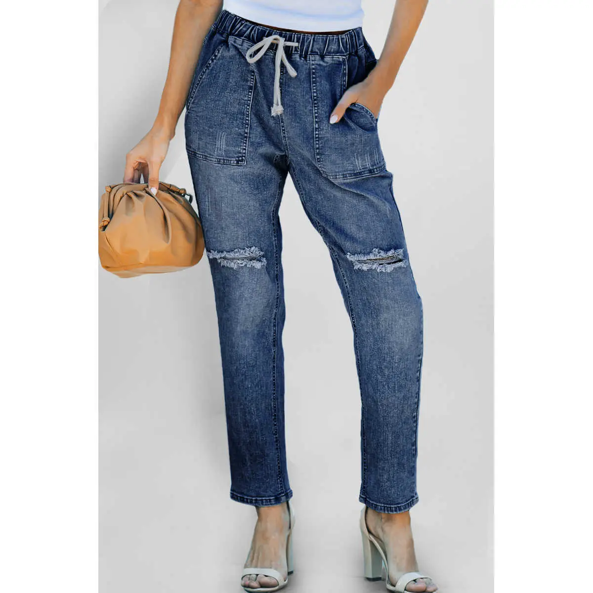 Dark Blue Gather Round Distressed Pocketed Denim Jogger