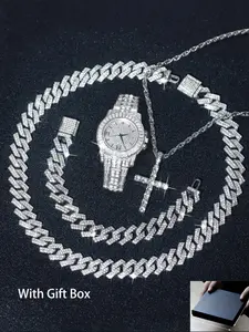 Men's Hip Hop Fashion Lifestyle Watch with Mineral Glass Window & Quartz Movement & Jewelry Set with Gift Box, Including Watch & Cross Pendant & Cuban Chain Necklace & Bracelet, Street Punk Luxury Party Accessories