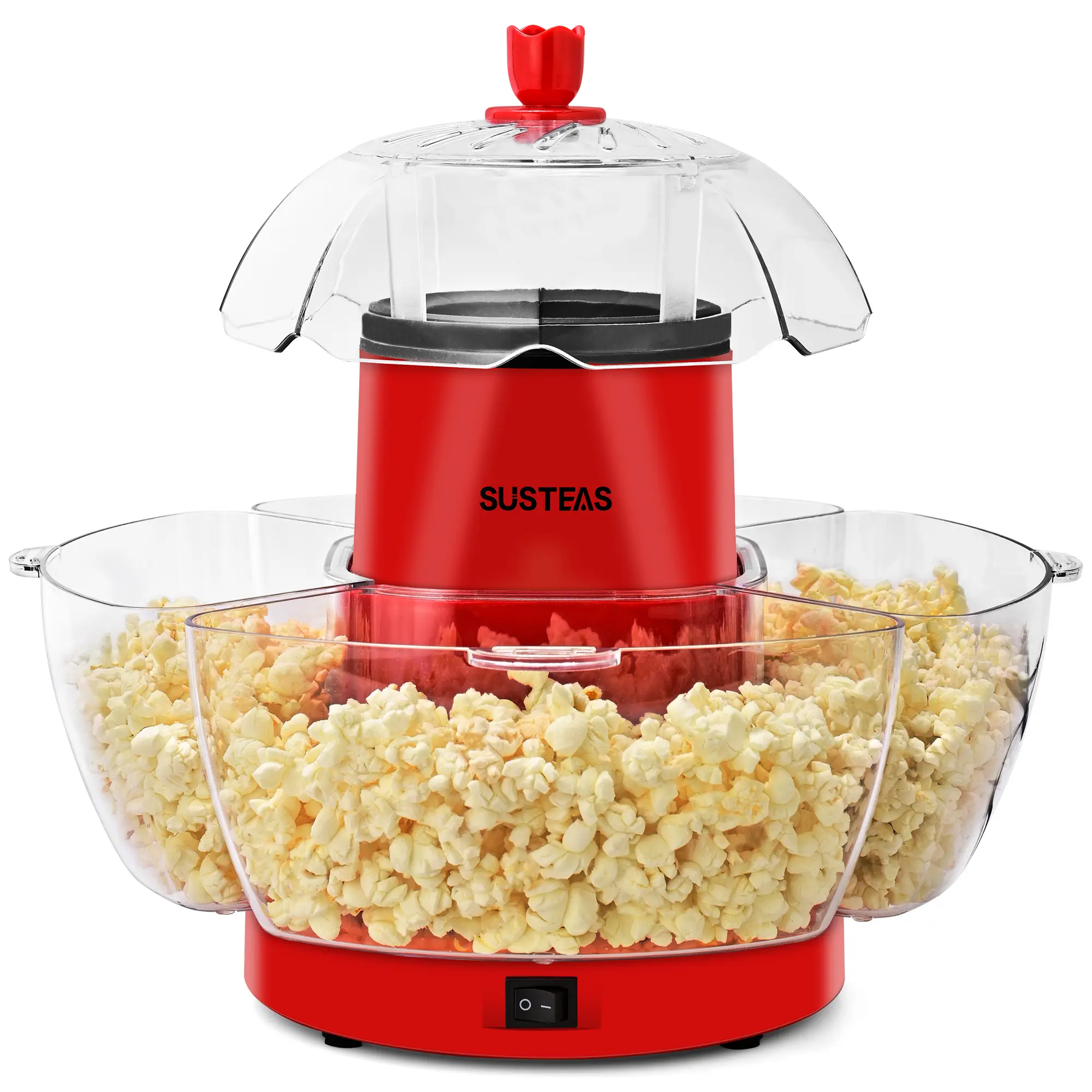 SUSTEAS Oil-Free Hot Air Popcorn Popper, 4-Serving Capacity Kitchen Appliance, Includes 4 Bowls and Cups for Crispy Popcorn