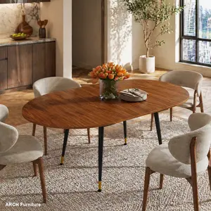 Modern Oval Extendable Dining Table - ARCH Walnut MDF Top, Sturdy Metal Base, Seats 6-10 for Dining Room, Kitchen Indoor Furniture
