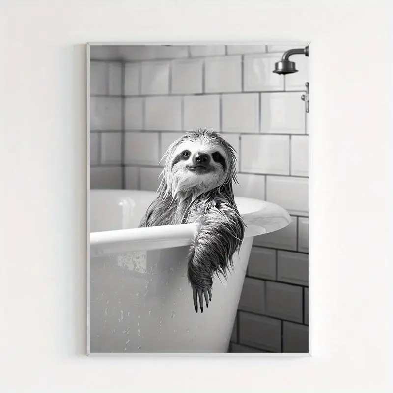 2D Flat, 1 Piece Funny Sloth Bathing Pit Bathtub Canvas Wall Art - Wooden Frame Humorous Animal Print Poster, Home, Office, Cafe, and Bedroom Quirky Decoration, Funny Bathroom Wall Art, Playful Room Decoration, Art Decoration, 2D Flat