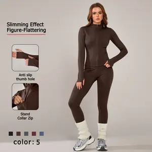 NcmRyu Women’s 2 Piece Workout Set Zip Up Jacket High Waist Leggings Yoga Gym Running Sportswear Slim Fit Activewear for Fitness Training Tracksuits