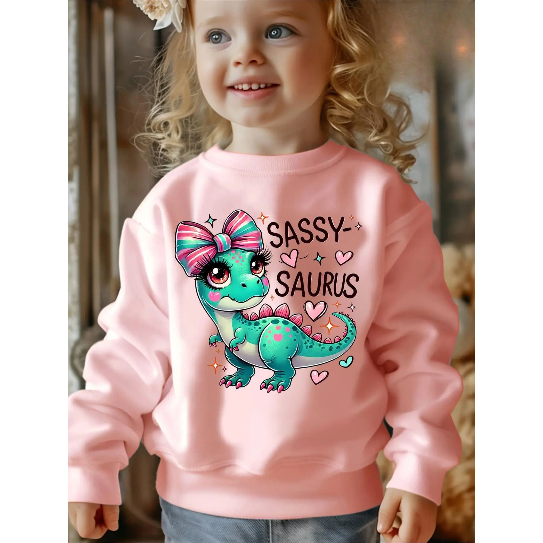 Girls' Sassy Saurus Dinosaur Sweater - 100% Cotton, Soft Slight Fleece-Lined Pullover with Pink Bow, Hearts Print, Machine Washable Casual Playwear for Toddlers, Cozy Fall Winter Kids' Tops