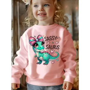 Girls' Sassy Saurus Dinosaur Sweater - Soft 100% Cotton Fleece-Lined Pullover with Pink Bow & Hearts Print, Machine Washable Casual Playwear for Toddlers & Kids, Cozy Fall Winter Dinosaur Clothes