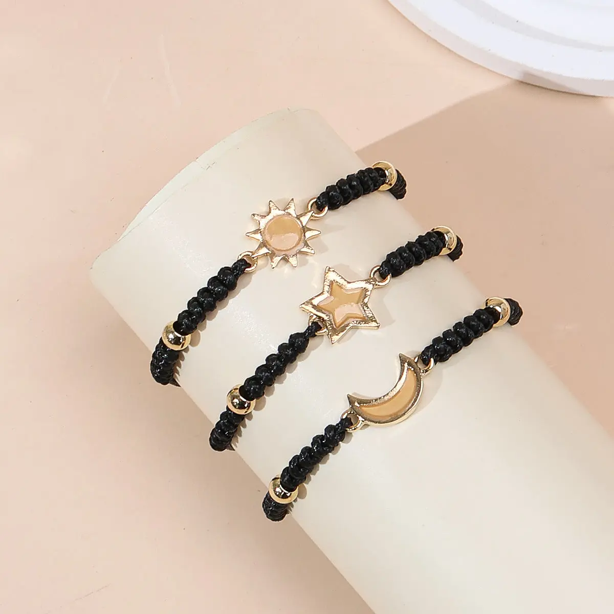 Matching Universe Promise Braided Bracelet Set - Handcrafted Macramé Wish Wristbands with Sun Moon Star, Crescent Moon Alloy Charms - Unisex Stackable Nylon Cord Friendship Gift (5.5 in) for Couples, Celestial Theme Everyday Wear, Matching Sets, Boho Brai