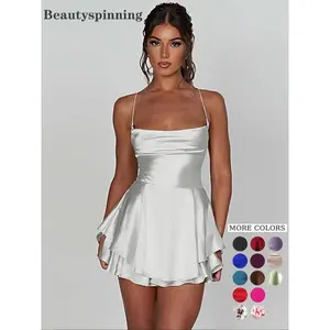 Women's Plain Lace Up Backless Tiered Layer Satin Cami Dress, Summer Clothes Women, Elegant Cowl Neck Sleeveless A Line Short Dress for Party Holiday Wedding Guest, Dresses for Women confirmation  dresses