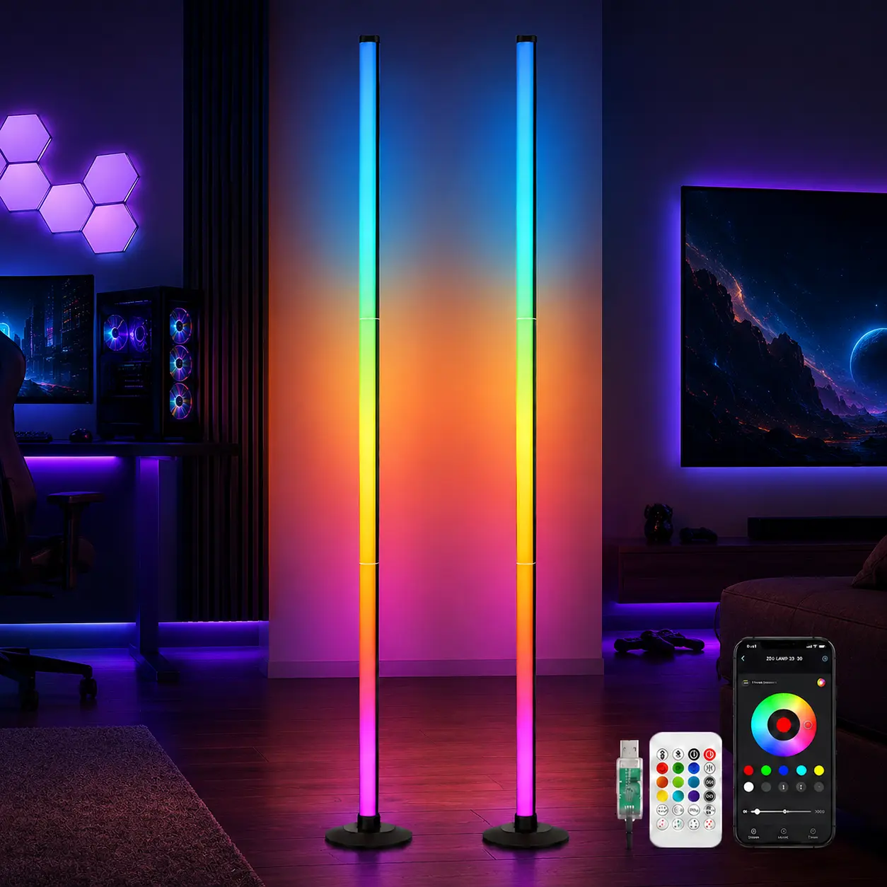 RGBICW Smart Bright Corner Floor Lamp, 16M DIY Colors, 68+ Scene Modes, Music Sync, App & Remote Control, Timer Setting, Color-Changing Ambient Light for Gamer Rooms, Bedroom Decor rgb Light   effect  Remote   Dimmable RGB Floor Lamp